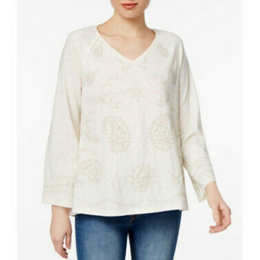Style & Co Bell Sleeve Embroidered Beige Small Top